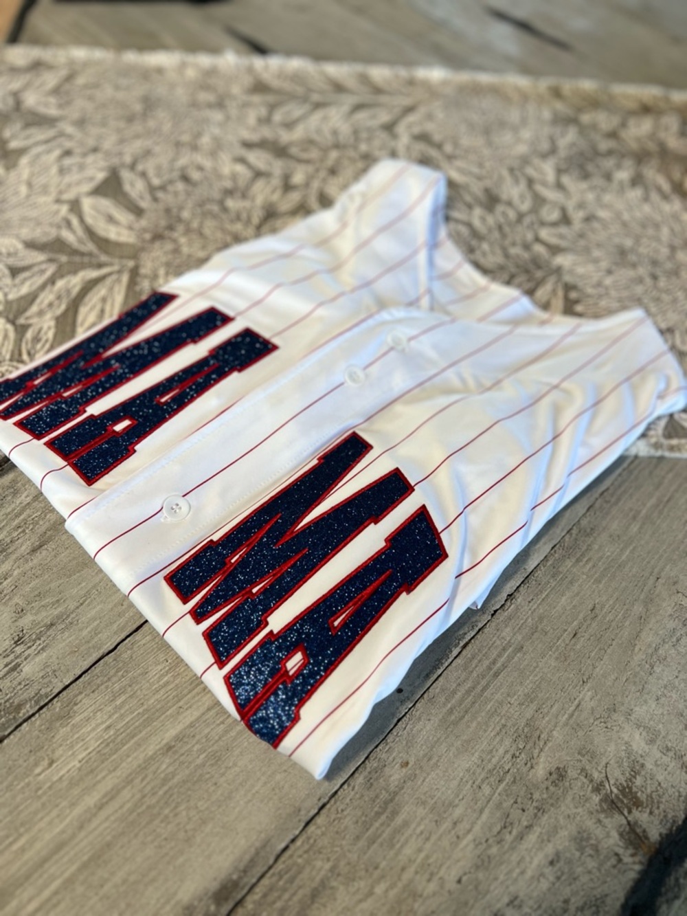 Pinstripe Baseball Jersey with Navy Glitter- MAMA perfect for game days